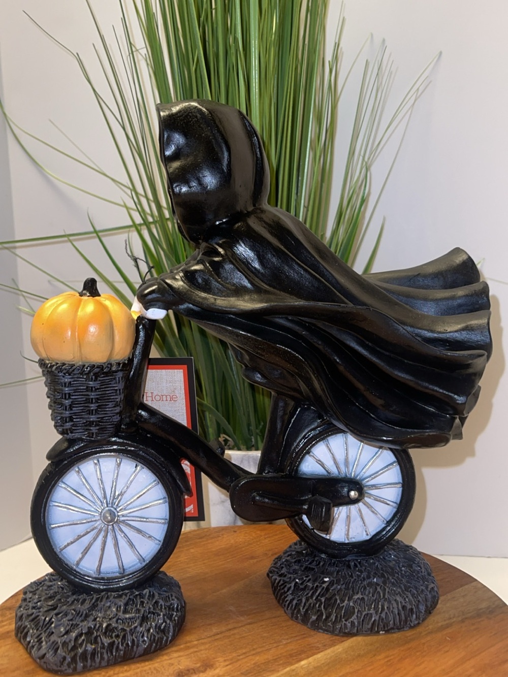 NWT GHOST ON BIKE Decorative Black Hooded Rider with Pumpkin Bicycle Statue